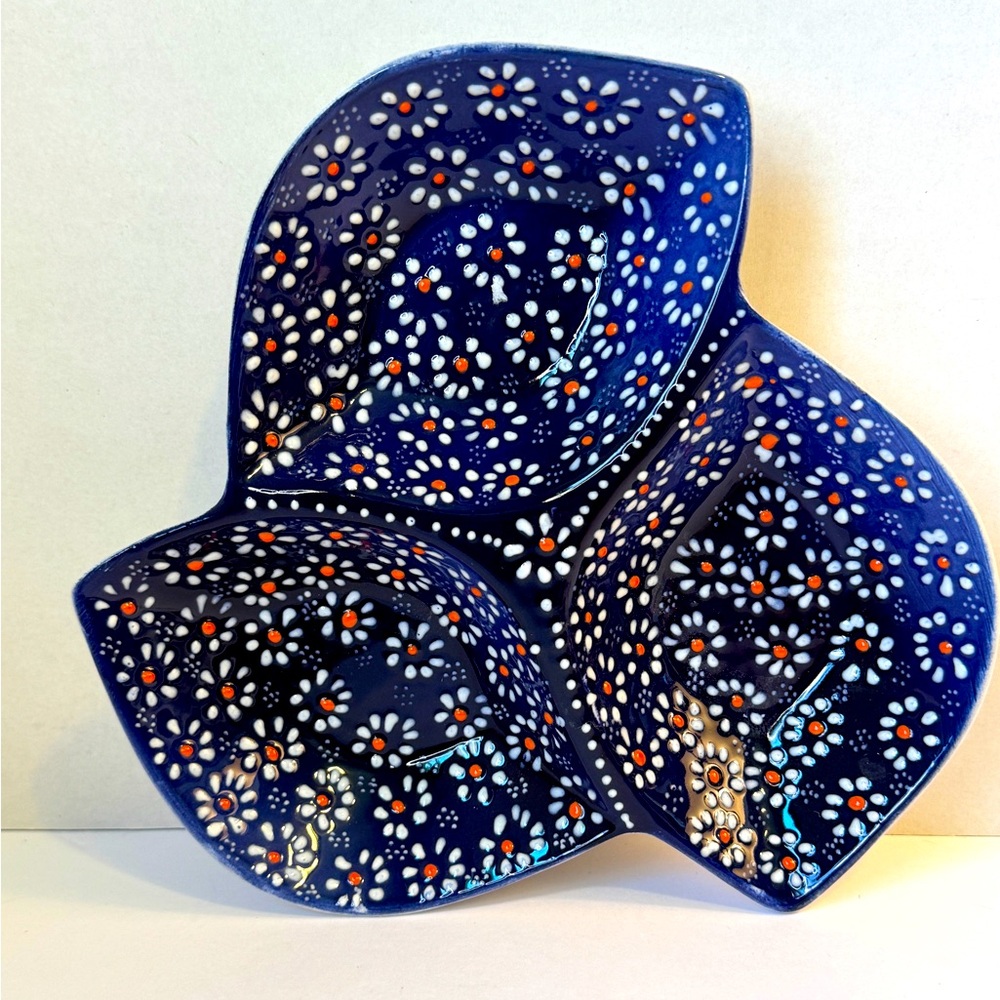 Hand-Made Floral Blue Ceramic Relish Dish NWOT